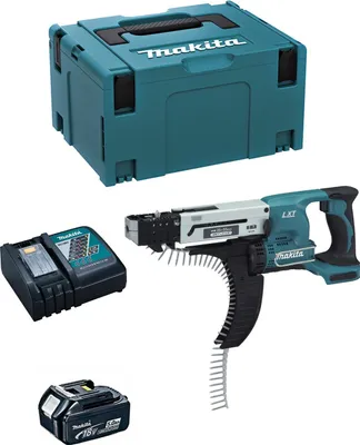 A Makita cordless drywall screw gun with accessories and a storage case, displayed on a white background.
