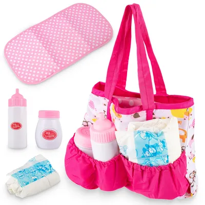 Produktbild von Puppen-Pflegeset mit Zubehör in Tragetasche – Wickelmatte, Flasche und Windel – Kinderplay KP9411