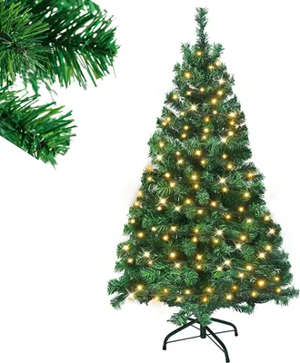 A green artificial Christmas tree with yellow lights on a white background.