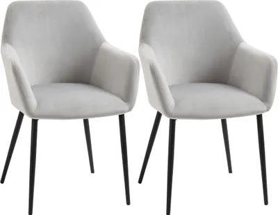 Two light gray upholstered chairs with black legs are shown against a white background.