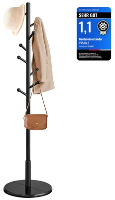 Produktbild von VASAGLE Garderobenständer, Kleiderständer Massivholz, Jackenständer Baumform, 7 Haken für Jacken, Hüte, für Flur, Haken und Haltestange aus Kautschukholz, tintenschwarz RCR007P33