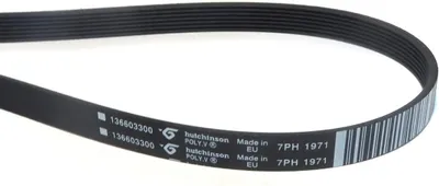 A black serpentine belt with white text and a barcode printed on it, isolated on a white background.
