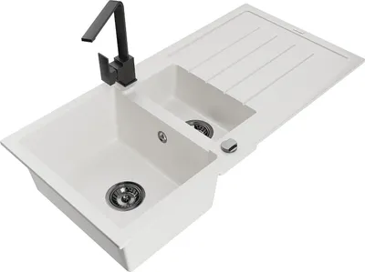 Immagine prodotto di Mexen Andres lavello in granito 1,5 vasche con scolapiatti e rubinetto da cucina Rita, bianco - 6515-20-670300-70