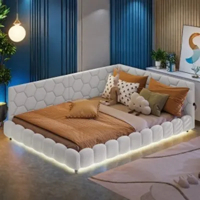 Zdjęcie produktu dla Łóżko tapicerowane dwuosobowe 140 x 200 cm z portem USB do ładowania i oświetleniem LED dla nastolatków dorosłych Biały