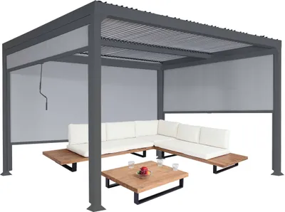 Zdjęcie produktu dla Aluminiowa pergola HWC-L41 z 3x ścianką boczną, pawilon z listew, solidna 8cm metalowa rama 3x3.7m ~ antracyt