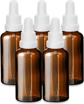 Produktbild von 5x Glasflasche braun 50 ml mit weißer Glaspipette leere Tropfflasche