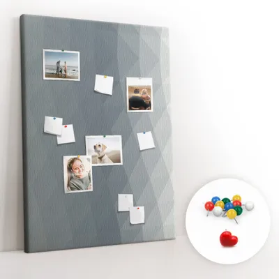 Obrázek produktu pro Korková nástěnka s kolíčky - Tabule s kolíky pro fotografie a poznámky - 100x140 cm - Připínáčky barevné 100 kusů - Šedé abstraktní vlny