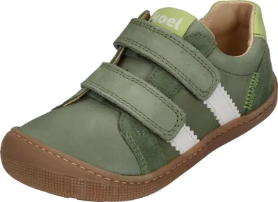 A single green sneaker with white stripes and velcro straps is shown against a white background.