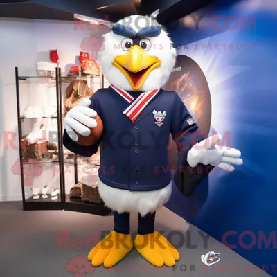 Productafbeelding van Mascottekarakter REDBROKOLY van een marinekippen gekleed met een rugbyshirt en sjaalclips