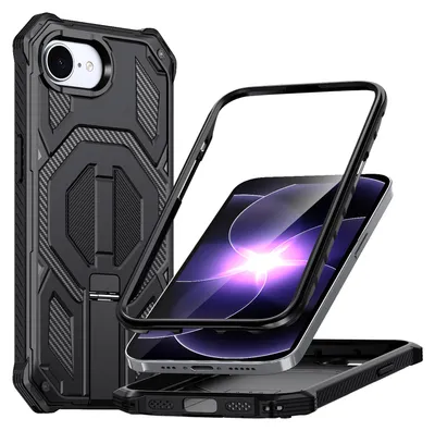 Produktbild von Magnetische Hülle für iPhone 16e / iPhone 17e, Kompatibel mit MagSafe, Mit Metall-Ständer, Militärischer Stoßschutz Handyhülle Schwarz