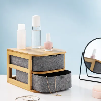 Produktbild von Navaris Make-Up Organizer aus Bambus - Aufbewahrung für Kosmetik - Ordnungssystem mit 2 Schubladen - Aufbewahrungsbox für Bad oder Schminktisch