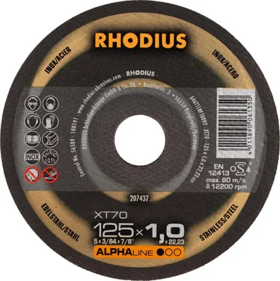 A circular cutting disc for metal, with branding and technical specifications printed on it.