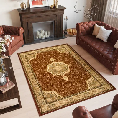 Produktbild von Teppich Wohnzimmer Schlafzimmer Kurzflor Design Klassisch Muster Braun Beige Barock Floral Ziegler Ornament  250 x 350 cm