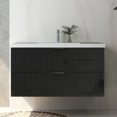 Produktbild von Waschtisch mit Unterschrank 100cm RIVA Badmöbel Set Hochglanz Schwarz Waschbecken mit Unterschrank Softclose