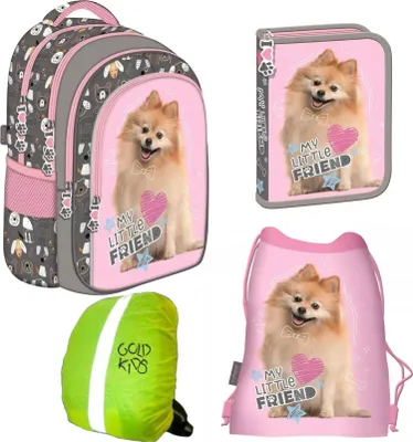 Produktbild von Schulranzen für Jungen und Mädchen, 4er-Set - Schul-Rucksack für Kinder mit Federmäppchen - Schuhbeutel und Regenschutz - Hund Motiv