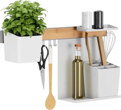 Produktbild von tesa Küchen-Organizer Kombi-Set M - selbstklebende Küchenleiste mit Kräutertopf, 2 Ablagen, Küchenutensilienhalter, Hakenleiste inkl. 3 Haken - Montage ohne Bohren - Bambus/Weiß
