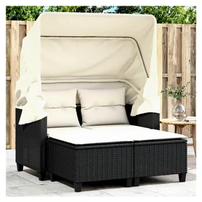 Produktbild von Gartensofa 2-Sitzer mit Dach und Hockern in Schwarz und Creme aus Poly Rattan