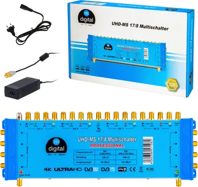 A product shot of a satellite multiswitch and its accessories, with the product packaging in the background.