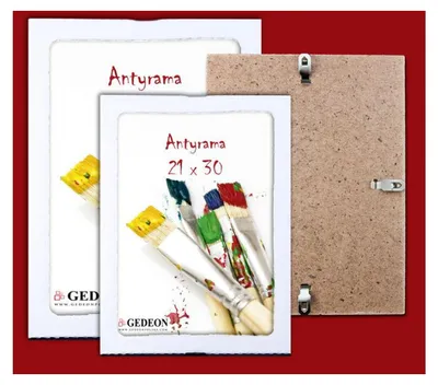 Two picture frames are shown, one slightly behind the other, with the back of one frame visible on the right. The front of the frames features artwork of paintbrushes and text. The background is a solid red.