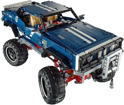A blue Lego Technic 4x4 Crawler Exclusiv Edition toy car.