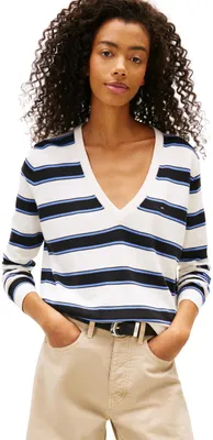 Produktbild von Tommy Jeans Damen TJW Essential Vneck Sweater EXT DW0DW19888 Pullover Sweater, Schwarz (Black/Multi Stripe), XS, Schwarz (Schwarz/Mehrfarbig), XS