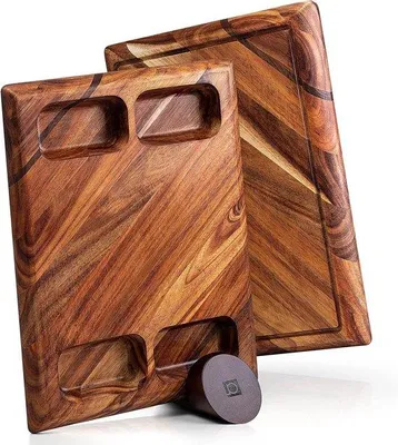 Immagine prodotto di Tagliere grande in legno di acacia per la cucina - tagliere in legno sostenibile con supporto - pozzo di succo - tagliere 43 x 33 x 38 cm