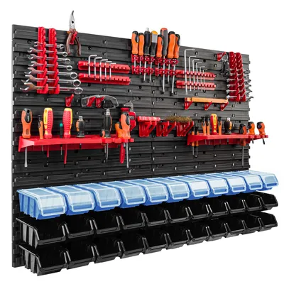 Produktbild von 33 Stapelboxen Wandregal Kunststoff Deckel 115 x 78 cm Werkzeughalter Werkstatt Garage  Lagersystem Sichtlagerkästen Schütte