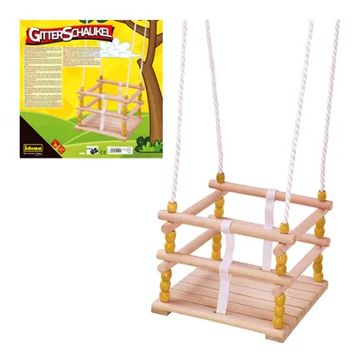 A wooden swing set for children, shown both in packaging and as a standalone product.
