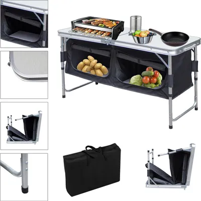 Produktbild von Izrielar 120 x 47 x 68 cm Faltbare Campingküche 2 Tische – Campingschrank Outdoor Küche Klapptisch mit Stauraum für Camping, Garten & Wohnmobil