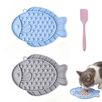 Image de Tapis de nourriture pour chats et chiens, lot de 2 en silicone, avec grattoir, design anti-gloutonnerie