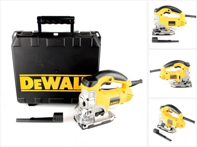 A collage of images showing a DeWalt jigsaw and its case.