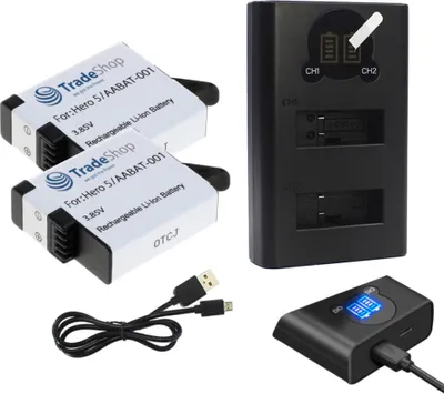 Produktbild von Trade-Shop 3in1 Set: 2x Akku + USB Typ-C Doppel Dual LCD Ladegerät Ladestation für Hero 7 Black Silver White Hero 6 Black Silver White