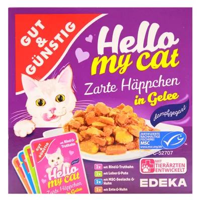 Produktbild von Hello My cat Katzenfutter Zarte Häppchen in Gelee in 4 Geschmacksrichtungen, 8er Pack (8 x 800g Packung) (lila)