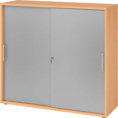 Produktbild von bümö Schiebetürenschrank office - 3 Ordnerhöhen - Griff: Relinggriff (Kunststoff), Nachbildung: Buche/Silber