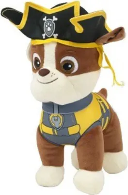 A plush toy of the character Rubble from Paw Patrol dressed as a pirate.