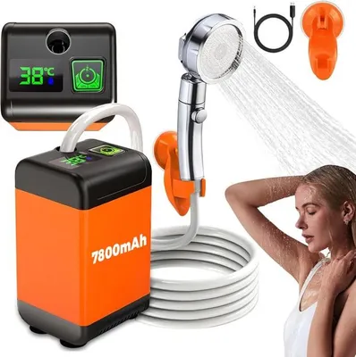 Produktbild von Tragbare Campingdusche mit wiederaufladbarer elektrischer Duschpumpe (7800 mAh) inklusive Schlauch und intelligenter Wassertemperatur- und Druckregelung