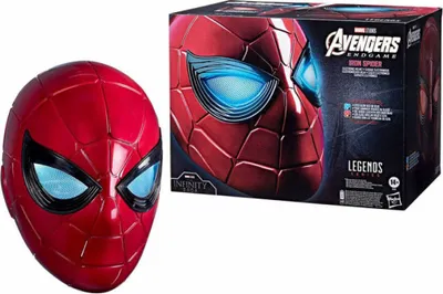 A Spider-Man mask and its packaging are displayed against a white background.