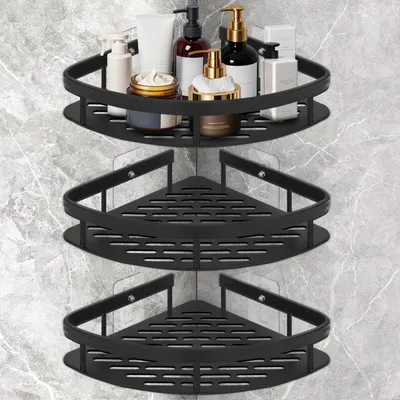 Produktbild von 3-teilige Eck-Duschcaddy - Keine Bohrung erforderlich - Schwarzes Aluminium