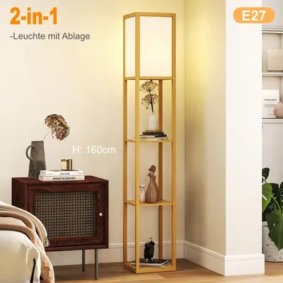 Produktbild von Moderne Stehleuchte mit 3 Regalen & Ablagen – 160 cm Säulen-Stehlampe Natur/Holz-Optik, E27 | Platzsparende Standleuchte mit Fußschalter & Kippschutz
