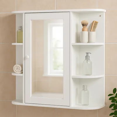 Immagine prodotto di AIORBER armadietto a specchio per bagno, per montaggio a parete, con 8 scomparti, maniglia a pomello, superficie di appoggio aperta, design semplice, per bagno, 66x17x63cm, bianco