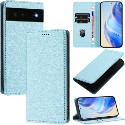 Produktbild von Litchi Leder Handyhülle für Google Pixel 6 Wallet Kartenfächer Standfunktion Hülle Hellblau