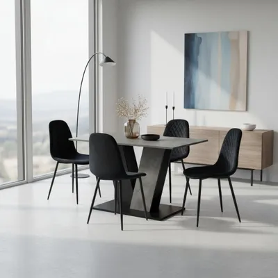 A dining room set with a table and four chairs, set in a modern, well-lit room with a large window and artwork on the wall.