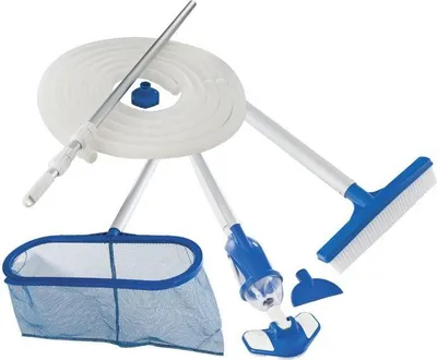 Produktbild von Pool Reinigungsset Intex Vac+, Teleskopstange 1,12 m bis 2,78 m, 7,5 m Schlauch, Ø 38 mm, Sauger, Kescher, Bürste