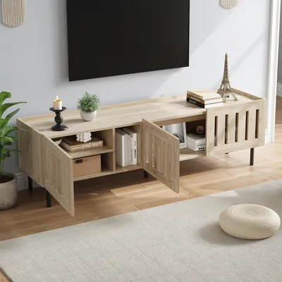 Immagine prodotto di okwish Mobile TV retrò Tavolo TV per televisore 65" circa, lavagna bassa con 4 vani portaoggetti e ante con doghe in legno, legno naturale