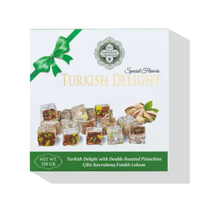 Zdjęcie produktu dla Słynny lokum z Safranbolu z podwójnie prażonymi pistacjami 320 g – kostki lokum