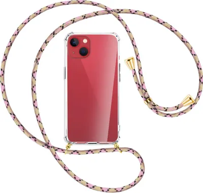 Produktbild von Handykette Backcover-Schutzhülle mit Band (Metall goldfarben) für Apple iPhone 13 - rosa Karo
