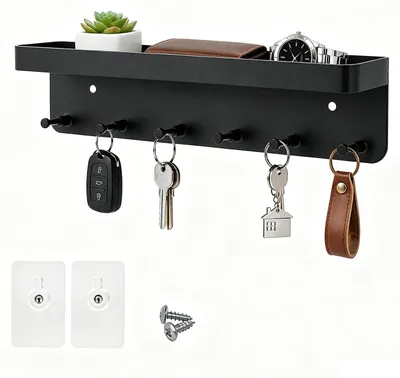 Schlüsselbrett mit Ablage, 6 Haken, schwarz, Wandmontage