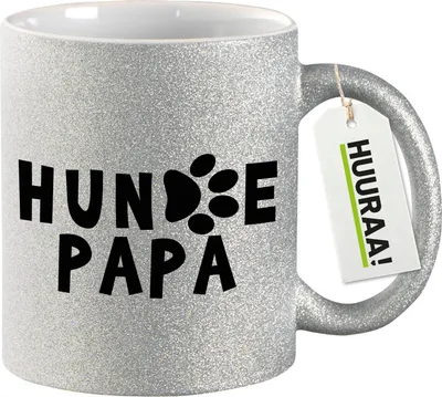 Produktbild von Huuraa Glitzertasse Hundepapa Tapse 330ml Silber Keramik Kaffeebecher Geschenkidee