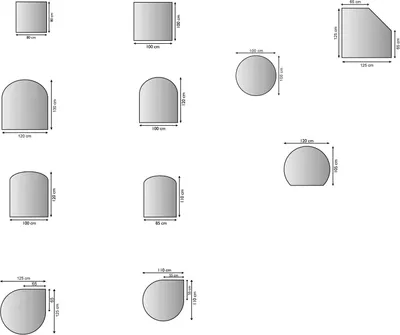 A collection of different shapes and sizes of mirrors with dimensions indicated.