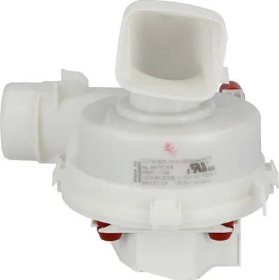 A white plastic appliance part, likely a pump or fan, with a square outlet on top.